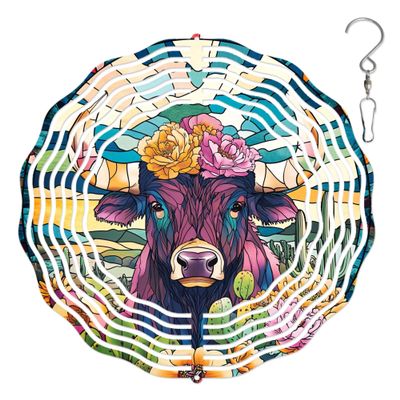 10-Inch Metal Wind Spinner Bull with Flower-Adorned Horns 3D Wind Spinner, Unique Metal Hanging Kinetic Wind Sculpture Ornament Gifts for Women Yard Art Garden Patio Lawn Indoor Outdoor Decor