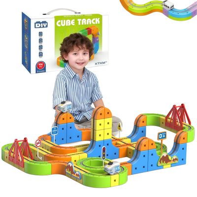 160PCS 3D Building Cube Track  Magical Track Train USB Rechargeable, DIY Race Car Track Building Kits with Signs,Rail Cube Magnetic Monorail, STEM Educational Toy for Ages 4-8 Boys Girls(1 Train)