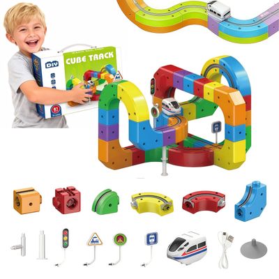 81PCS 3D Building Cube Track  Magical Track Train USB Rechargeable, DIY Race Car Track Building Kits with Signs,Rail Cube Magnetic Monorail, STEM Educational Toy for Ages 4-8 Boys Girls(1 Train)