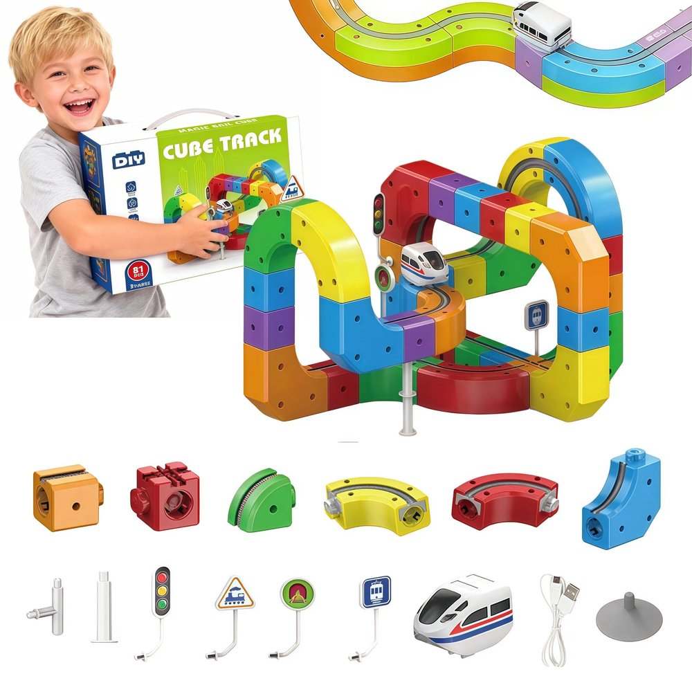 81PCS 3D Building Cube Track  Magical Track Train USB Rechargeable, DIY Race Car Track Building Kits with Signs,Rail Cube Magnetic Monorail, STEM Educational Toy for Ages 4-8 Boys Girls(1 Train)