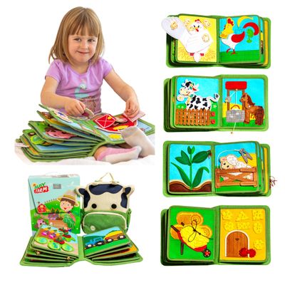Montessori Busy Farm Book & Backpack Bundle, Interactive Quiet Book for Toddlers & Preschoolers, Educational Early Learning Travel Toy with Waterproof Backpack, Back-to-School Gift