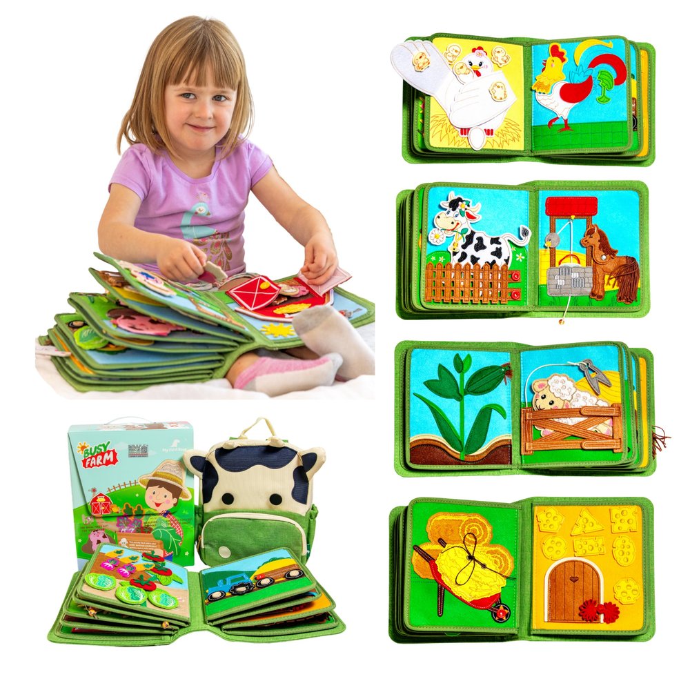 Montessori Busy Farm Book & Backpack Bundle, Interactive Quiet Book for Toddlers & Preschoolers, Educational Early Learning Travel Toy with Waterproof Backpack, Back-to-School Gift