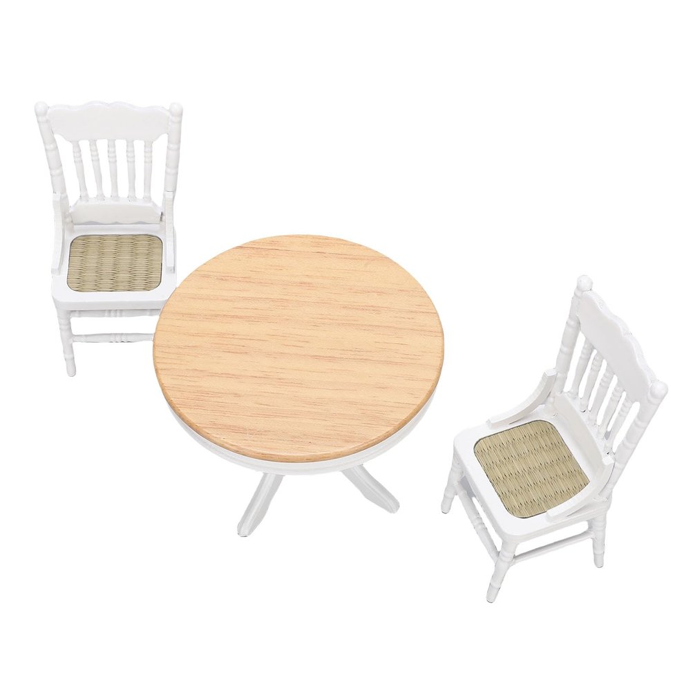 Aatraay 3 Pcs 1:12 Scale Dollhouse, Dining Table Set Wooden Miniature Table and Chairs Furniture Accessories