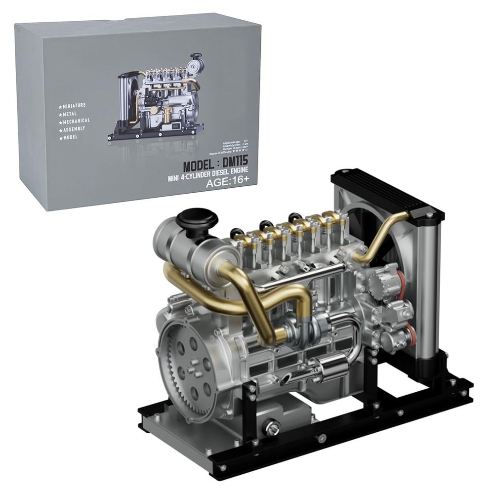 4 Cylinder Metal Engine Model Kit That Works, 1/10 Mini OHV Inline L4 Engine Model with Cooling System, 300Pieces Mechanical Car Engine Educational Experiment -DM115