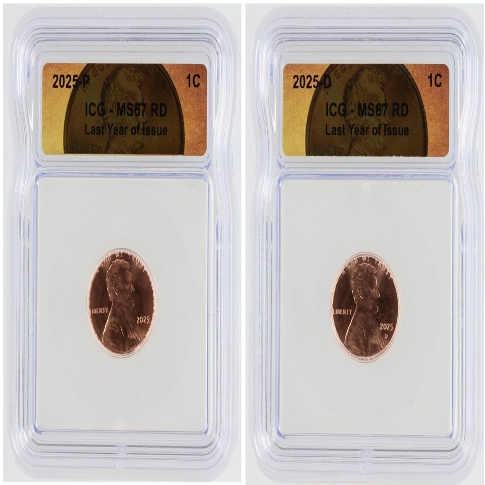 2025 P & D US Mint Lincoln Penny Union Shield 2 Coin Set - Last Year of Issue ICG MS67 RD