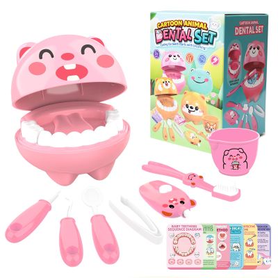 Nilez 14-Piece Dentist Pretend Play Set for Kids Doctor Kit with Educational Cards Medical Kits Role Play Game Pink Cute Cartoon Gift for Girls and Boys Baby 4 Month and up (Pig)
