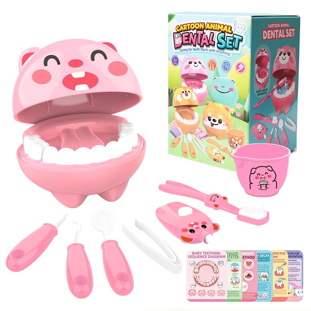 Nilez 14-Piece Dentist Pretend Play Set for Kids Doctor Kit with Educational Cards Medical Kits Role Play Game Pink Cute Cartoon Gift for Girls and Boys Baby 4 Month and up (Pig)