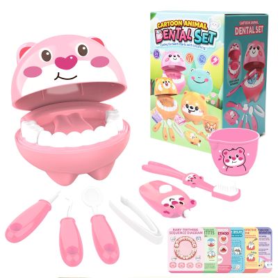 Nilez 14-Piece Dentist Pretend Play Set for Kids Doctor Kit with Educational Cards Medical Kits Role Play Game Pink Cute Cartoon Gift for Girls and Boys Baby 4 Month and up (Heart-Nosed Bear)