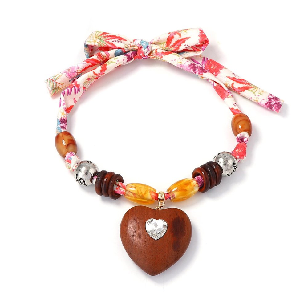 Ribbon Bead Tied Wooden Heart-Shaped Pendant Necklace For Women,pink,100cm