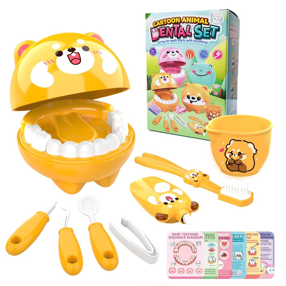 Nilez Dentist Pretend Play Set Doctor Kit with Educational Cards for Kids 14-Piece Medical Kits Role Play Game Cute Cartoon Gift for Girls and Boys (Raccoon)