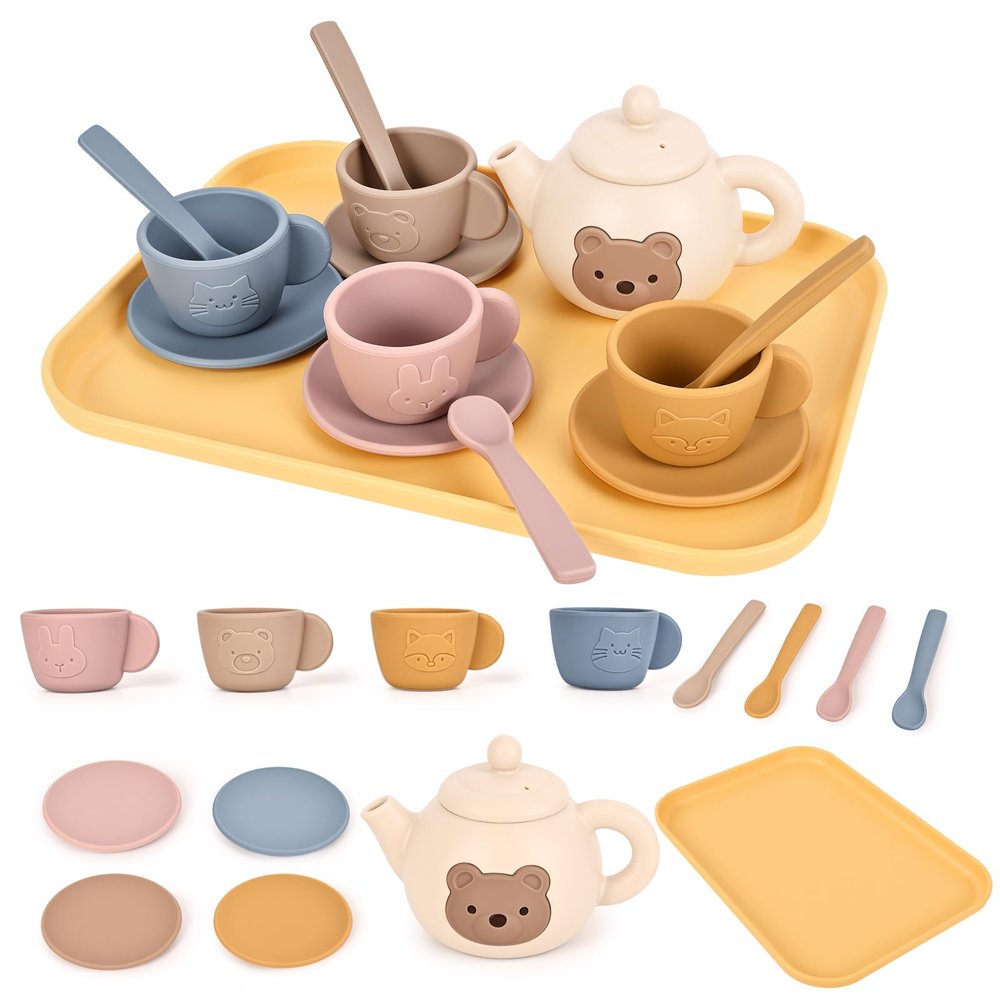Tea Party Set for Little Girls Boys, Silicone Tea Set Toys with Teapot Cups Coasters Spoon Tray, Kitchen Accessories Pretend Play Learn & Discover Playset for Toddler