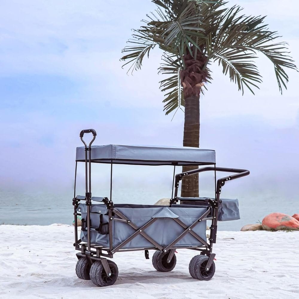 Collapsible Wagon Cart with Removable Canopy 140L Capacity Foldable Utility Wagon with All-Terrain Wheels and Built-in Brake for Outdoor Camping Beach Shopping