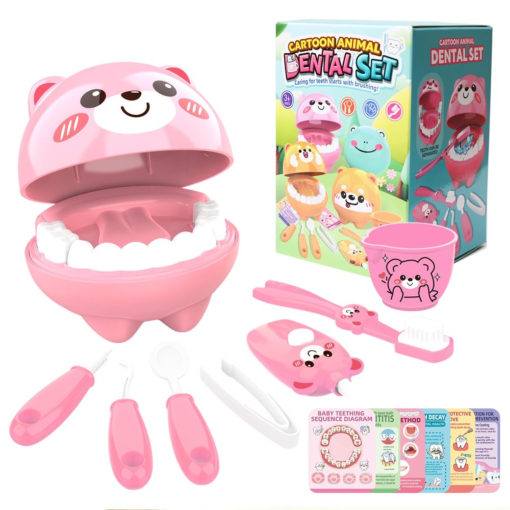 Nilez 14-Piece Dentist Pretend Play Set for Kids Doctor Kit with Educational Cards Medical Kits Role Play Game Pink Cute Cartoon Gift for Girls and Boys Baby 4 Month and up (Bear)