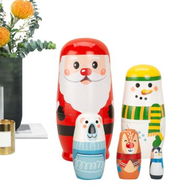 Wooden Nesting Dolls - 5 Piece Christmas Stacking Ornaments, Santa Snowman Elk Figures, Traditional Nested Playset | Holiday Decor for tooddler