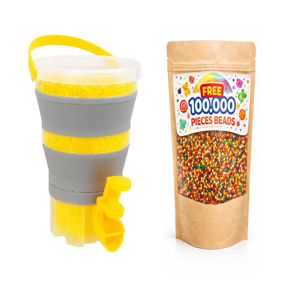 Foldable Ball Blaster Ammo Bucket+100 000 Pieces Bullet, Portable Splatter Blaster Accessories, Gun Ammo Container with Strainer, Large Capacity Tub for 10,000 Bullet, for Ages 14+ (Yellow)