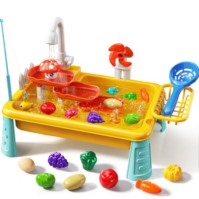 JUKUDAHU Water Table Toy for Kids 3 4 5 6 Years Old - Outdoor Kitchen Toys Set with Electrical Faucet, Toddler Fishing Games, Beach Sensory Water Table Playset, Gifts for Boys Girls 3-5 4-6 (Yellow)