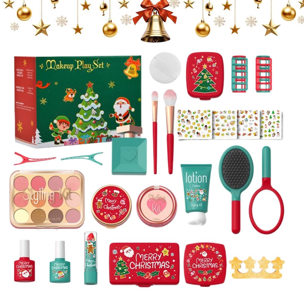 Kids Pretend Makeup - Christmas Themed Cosmetic Kit, Odorless Safe playSet, Realistic Role playCollection | Educational Toy 3-5 Preschool Kindergarten Home Game Room