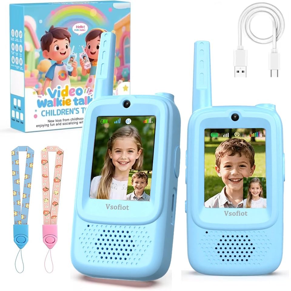 Video Walkie Talkies for Kids, 2pcs Rechargeable Video Real-Time Kids Walkies Talkies(Age 3-12), 2 Way Radio with 4 Voice Effects, Christmas Birthday Gifts for Kid Indoor/Outdoor Camping(Blue & Blue)