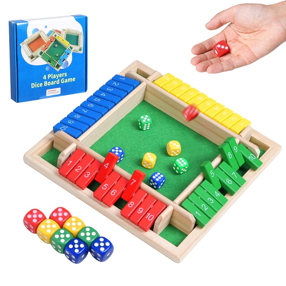 Buildopia Shut The Box Dice Game, 4-Player Family Wooden Board Table Math Games for Adults and Kids, Fun for Classroom, Home, Party, Pub & Camping Strategy Game, Travel Size
