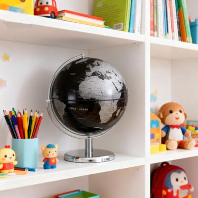 7.87" Metallic Black World Globe with Rotating Stainless Steel Stand for Adults - Elegant Adult Bookcase Decorative Home Desk Table Office Decor Book Shelf & Gifts (black, 7.87)