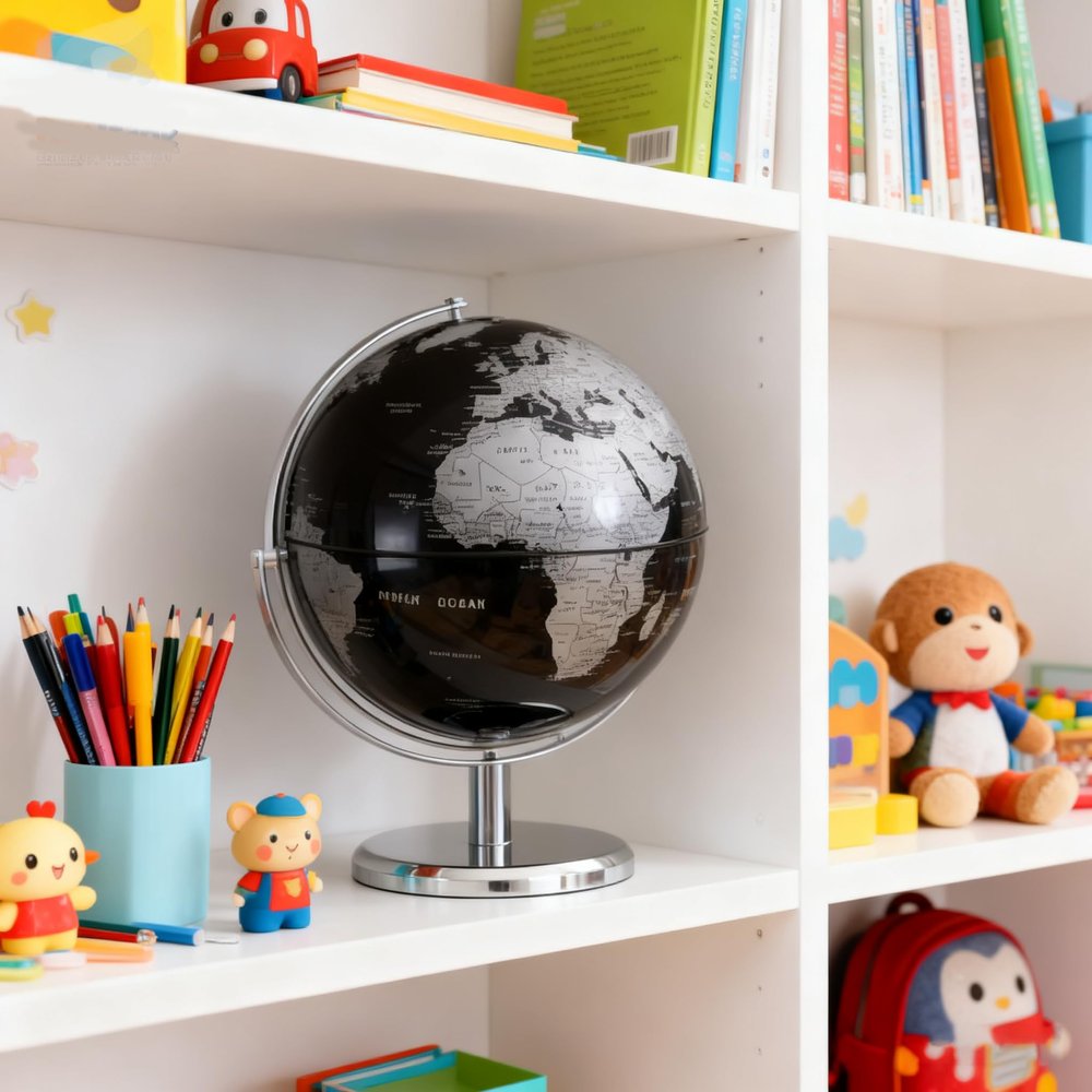 7.87" Metallic Black World Globe with Rotating Stainless Steel Stand for Adults - Elegant Adult Bookcase Decorative Home Desk Table Office Decor Book Shelf & Gifts (black, 7.87)