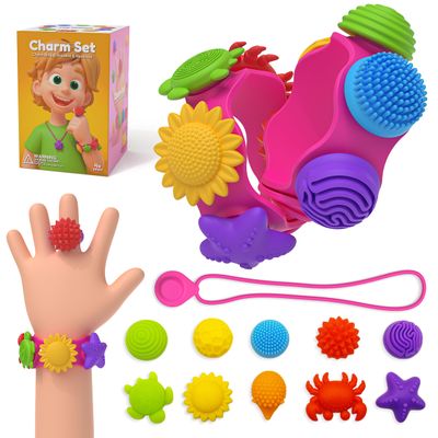 22 Pcs Sensory Fidget Toys for Kids Teens : Wearable Necklace,Bracelet & Spinner Ring Sets with 15 Textured Silicone Charms for Anxiety Relief, Autism ADHD Stress -Stocking Stuffers for Kids