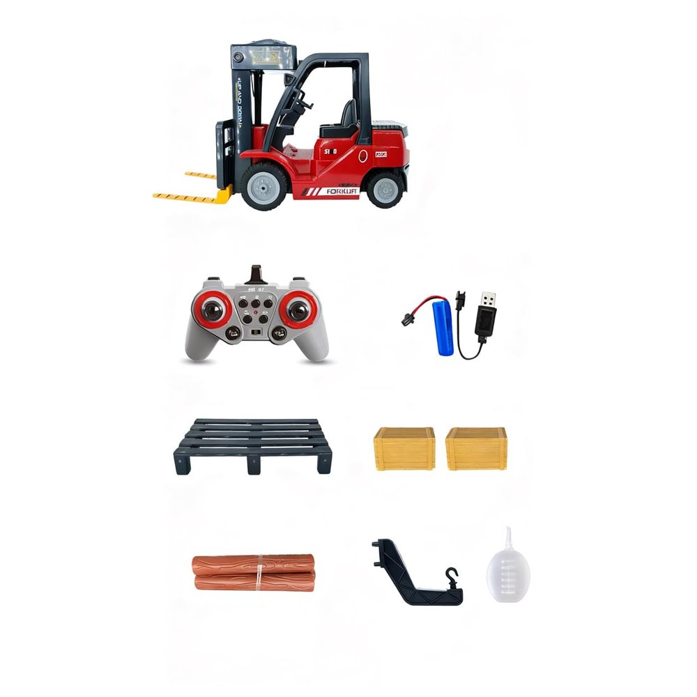 BICRKTOMXY RC Forklift Truck, 1:24 Scale 11CH RC Heavy-Duty Construction Vehicle Model with Spray Mist, LED Lights & Sound Effects, Indoor and Outdoor Play, Gift for Adults (Red)