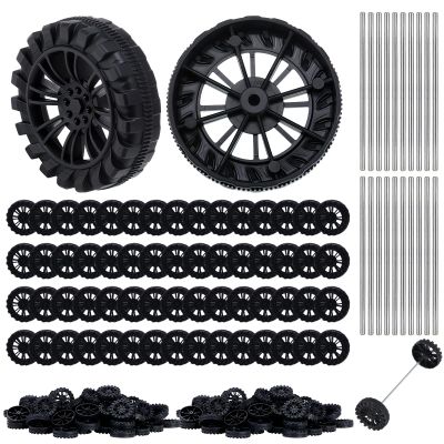 300Pcs Mini Plastic Model Wheels Bulk Pack with 2mm Hole and 150Pcs 100mm Metal Axle Rods, Craft Wheels and Axles for Model Cars, Trucks, Robot Chassis, Vehicles and Mechanical Assemblies