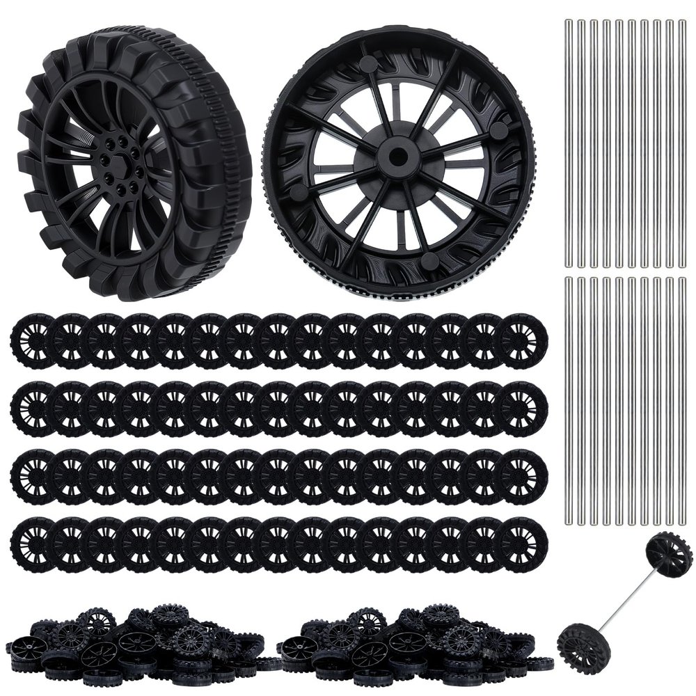 300Pcs Mini Plastic Model Wheels Bulk Pack with 2mm Hole and 150Pcs 100mm Metal Axle Rods, Craft Wheels and Axles for Model Cars, Trucks, Robot Chassis, Vehicles and Mechanical Assemblies