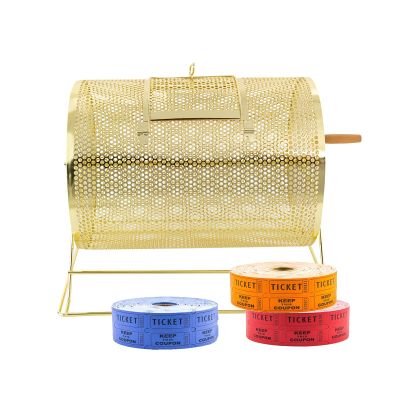 plysbmlygj Gold Medium Raffle Drum 14x10x11 Inch, Metal Spinning Lottery Box with Wood Handle, Holds 5000 Tickets, Lockable Door, Bingo Game Ticket Tumbler for Fundraiser, Party, Church, School Event