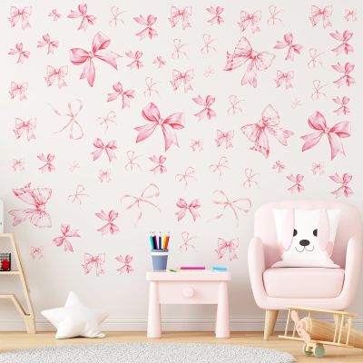 12 Sheets Pink Bow Wall Decor Stickers, 69pcs Pink Wall Decals Peel and Stick, Bow Themed Room Decals Decor for Bedroom Home Party Nursery