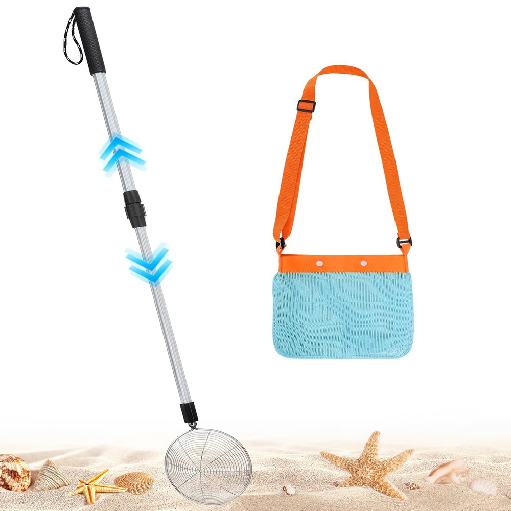 1 Pack Sand Sifter with Seashell Bags - 21.6"~33" Adjustable Shark Tooth Sifter for The Beach Seashell Collecting, Mesh Shovel Scooper with Retractable Handle, Beach Toys for Adults Family Kids
