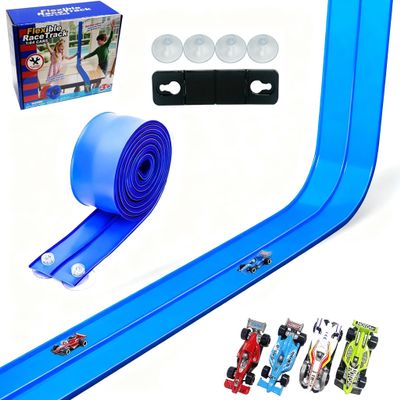 Flexible Race Car Track,13Ft Flex Tracks Starter Set with 4 Suction Cups & 4 Racecars Compatible with Diecast 1/64th Car for Ages 3 & Up Classic Double Track Portable Racetrack (13FT, Blue)
