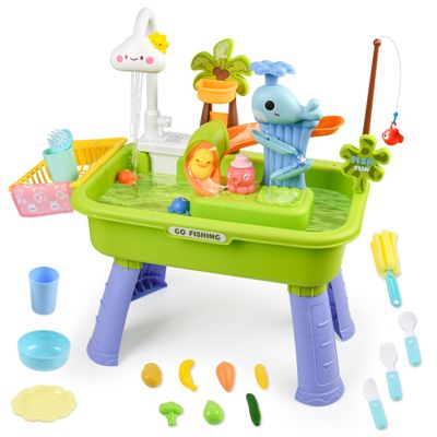 Hanyutom 2026 Upgraded Toddler Sand Water Table Toy with Electric Water Pump, Kids Sand Water with Faucet/Play Food Accessories/Fishing Toy, Kitchen Play Sink Toys for Girl Boy Age 3+ (Green)