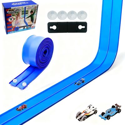 Flexible Race Car Track,15Ft Flex Tracks Starter Set with 4 Suction Cups & 2 Racecars Compatible with Diecast 1/64th Car for Ages 3 & Up Classic Double Track Portable Racetrack (15FT, Blue)