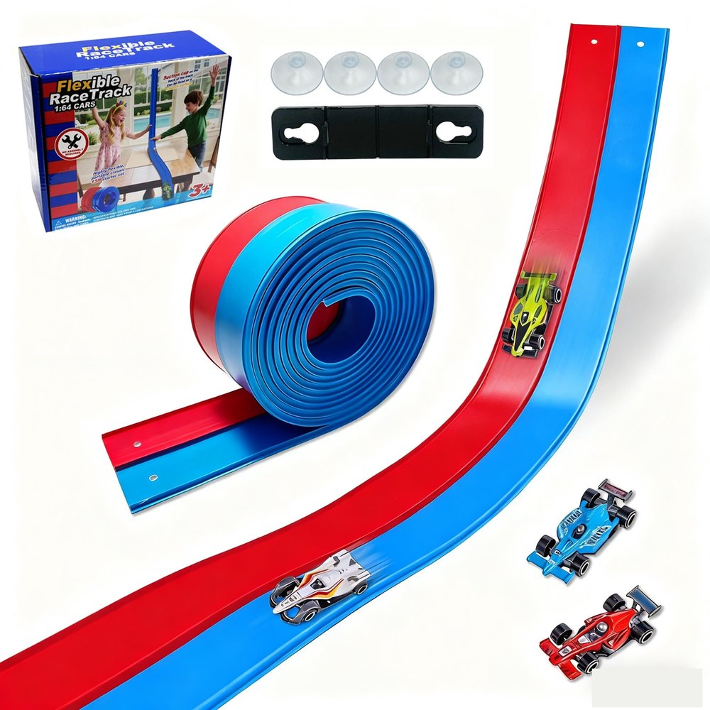 Flexible Race Car Track,15Ft Flex Tracks Starter Set with 4 Suction Cups & 2 Racecars Compatible with Diecast 1/64th Car for Ages 3 & Up Classic Double Track Portable Racetrack (15FT, Blue&Red)