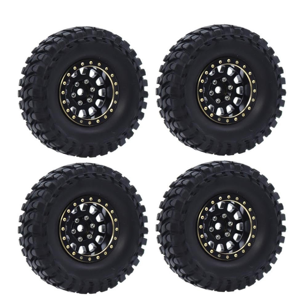 4PCS Brass 1.0 Inch Plus Beadlock Wheel Hub Rims Compatible with RC Car Models SCX24 1 24 Scale 1 18 Scale Upgrade Parts(B with Tire)