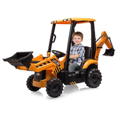 12V Ride on Excavator with Trailer & Front Loader Outdoor Gift for Boys Girls with 4-in-1 Construction Attachments (Excavator, Dump Truck Bulldozer), Tractor Remote Control Yellow