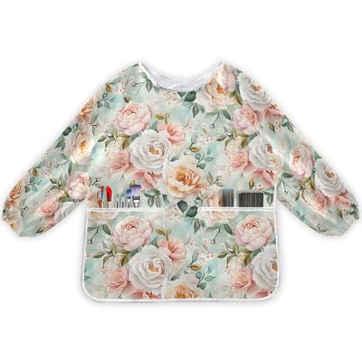 Bolaz Peony Rose Print Painting Smocks for Toddlers 4-6 Artist Smocks with Pockets Eating Waterproof Infant Apron