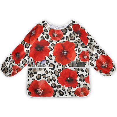 Bolaz Red Poppy Leopard Cheetah Painting Smocks for Kids 2-4 Art Smocks Eating with Pockets Toddler Infant Children Apron