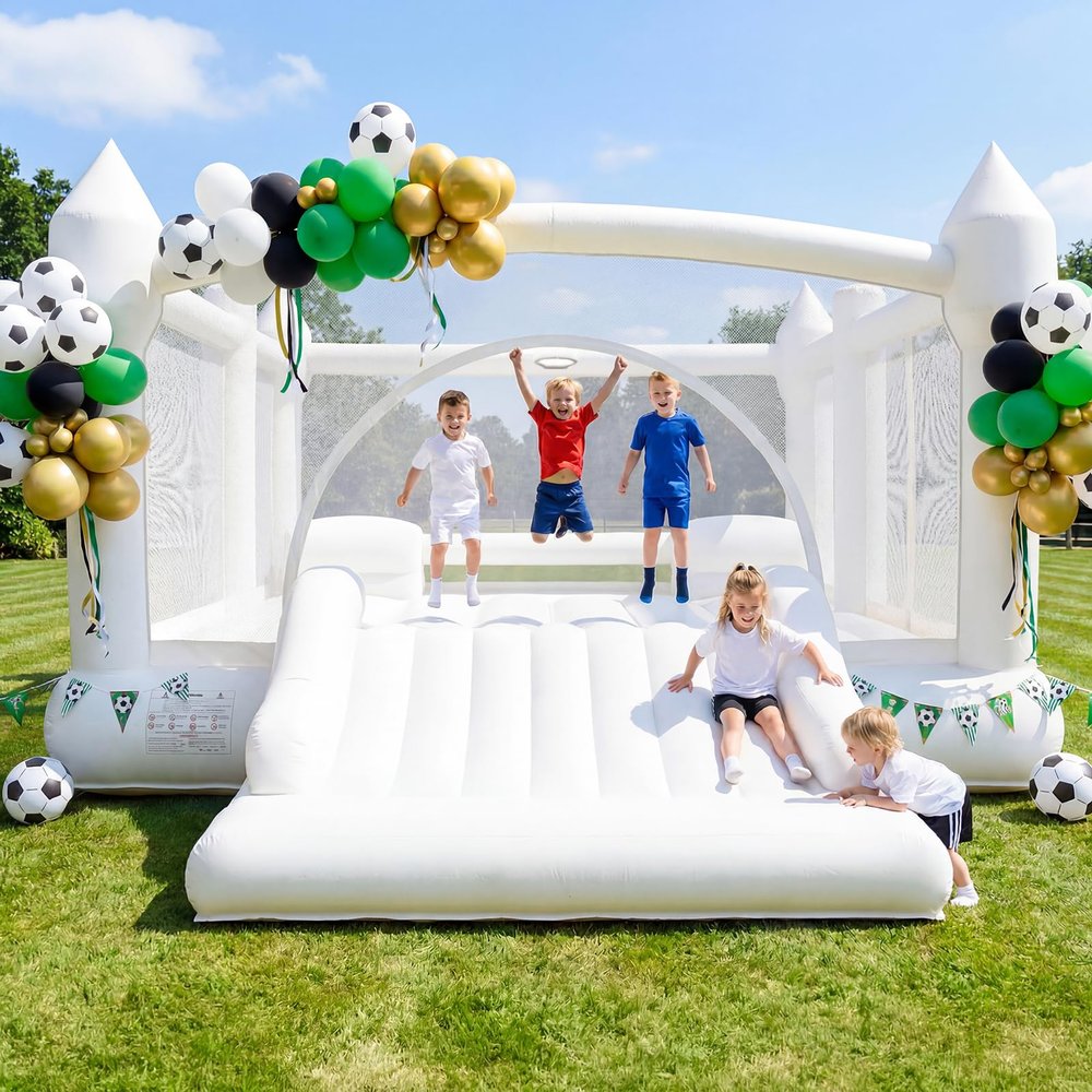 Hapfan White Inflatable Bounce House for Big Kids, 15' x 12' Large Outdoor Bouncy Castle with Blower, Wider Slide & Basketball Hoop, Holds 6 Kids Great for Birthday or Party, 600 lbs