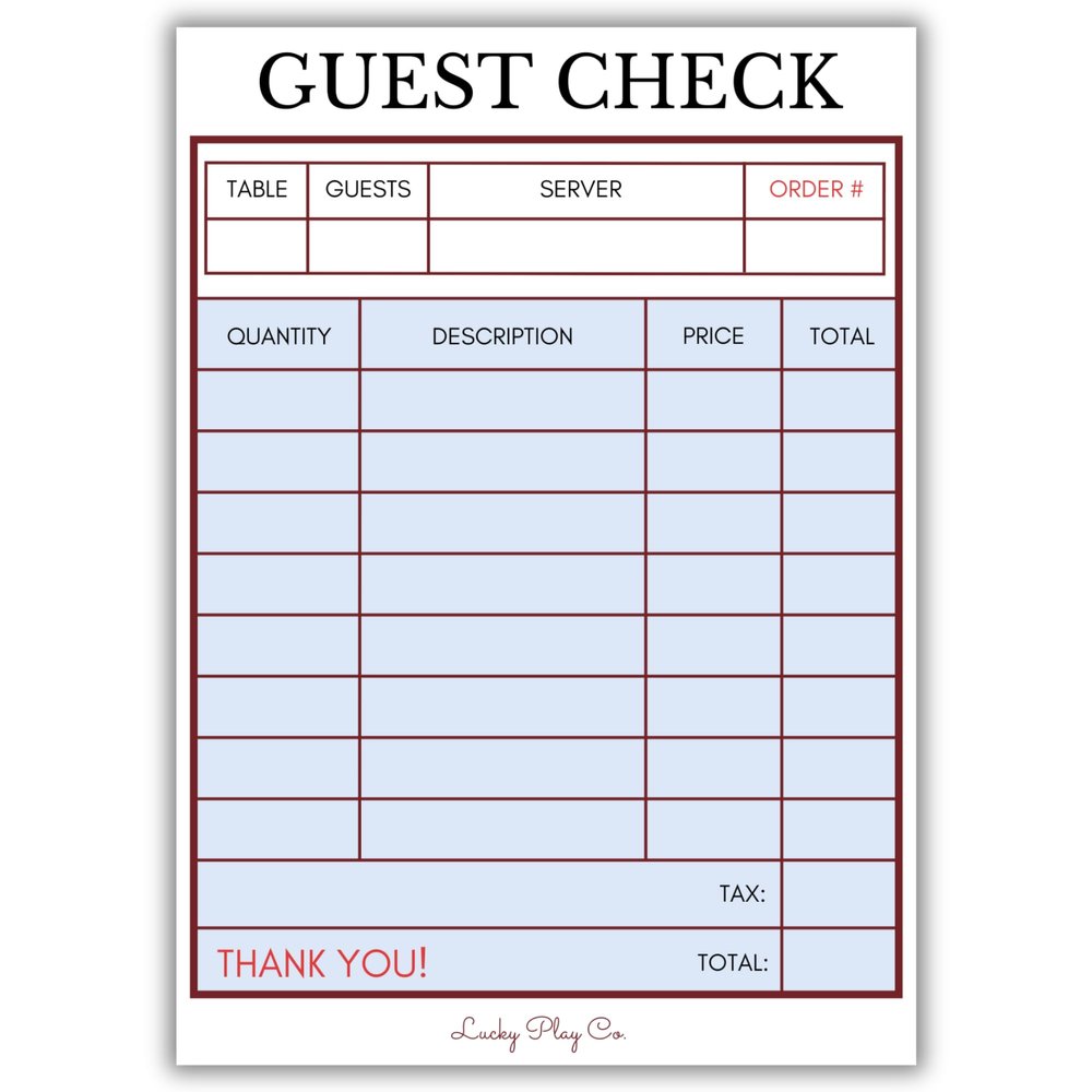 Restauant Play Notepad for Kids Pretend Restaurant Check Imaginative Role-Play Playtime Pad Large 5x7 Notepad, 25 Pages, Made in USA