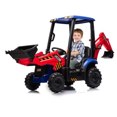 12V Ride on Excavator with Trailer & Front Loader Outdoor Gift for Boys Girls with 4-in-1 Construction Attachments (Excavator, Dump Truck Bulldozer), Tractor Remote Control Red