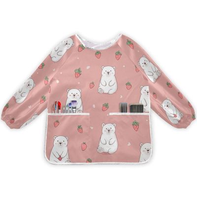 Bolaz Strawberry White Bear Painting Smocks for Toddlers 4-6 Artist Smocks with Pockets Eating Waterproof Infant Apron