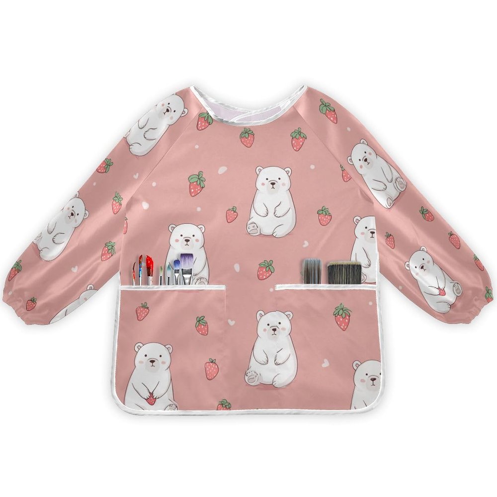 Bolaz Strawberry White Bear Painting Smocks for Toddlers 4-6 Artist Smocks with Pockets Eating Waterproof Infant Apron