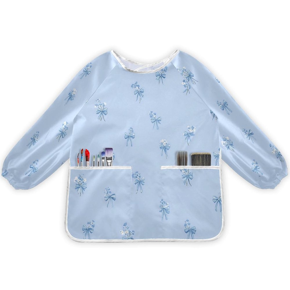 Bolaz Blue Bow Flower Painting Smocks for Toddlers 4-6 Artist Smocks with Pockets Eating Waterproof Infant Apron
