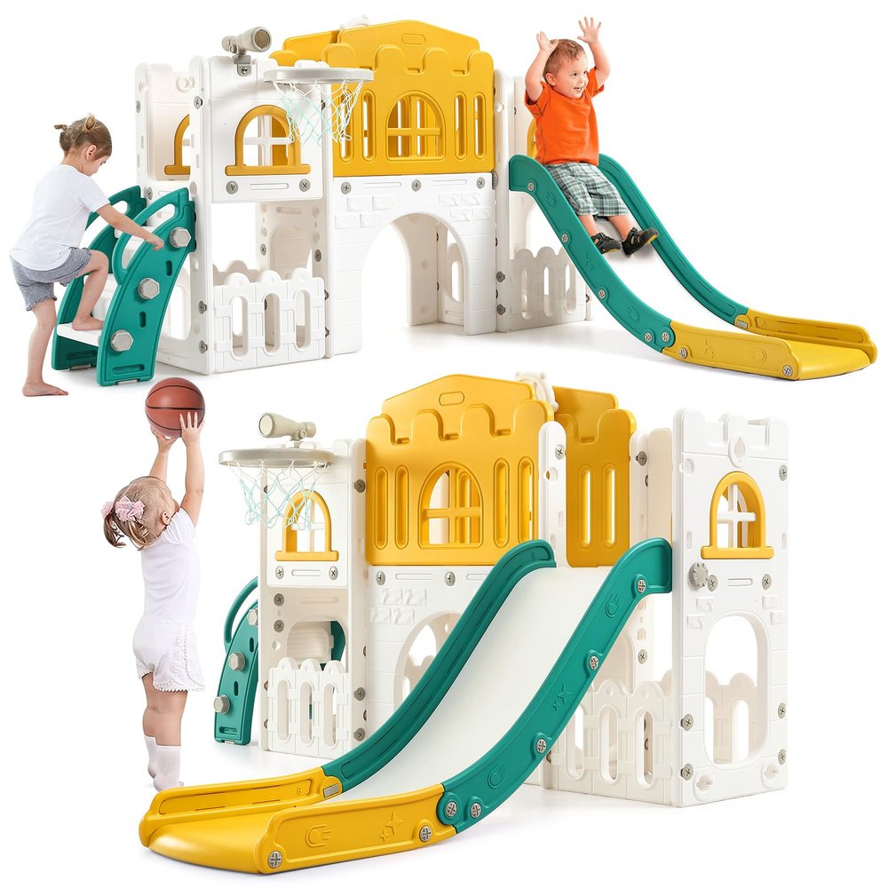 8 in 1 Toddler Slide Set with Basketball Hoop - Indoor & Outdoor Playground Set for Kids - Toddler Climbing PlaySet for Indoor