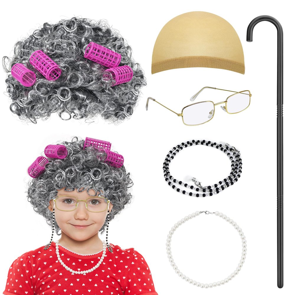 Ueyben Old Lady Wig Costume for Girls, 100 Days of School Costume Grandma Granny Costumes with Curly Grey Wig Glasses Cane for Girls for Cosplay