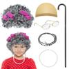 Ueyben Old Lady Wig Costume for Girls, 100 Days of School Costume Grandma Granny Costumes with Curly Grey Wig Glasses Cane for Girls for Cosplay view 1