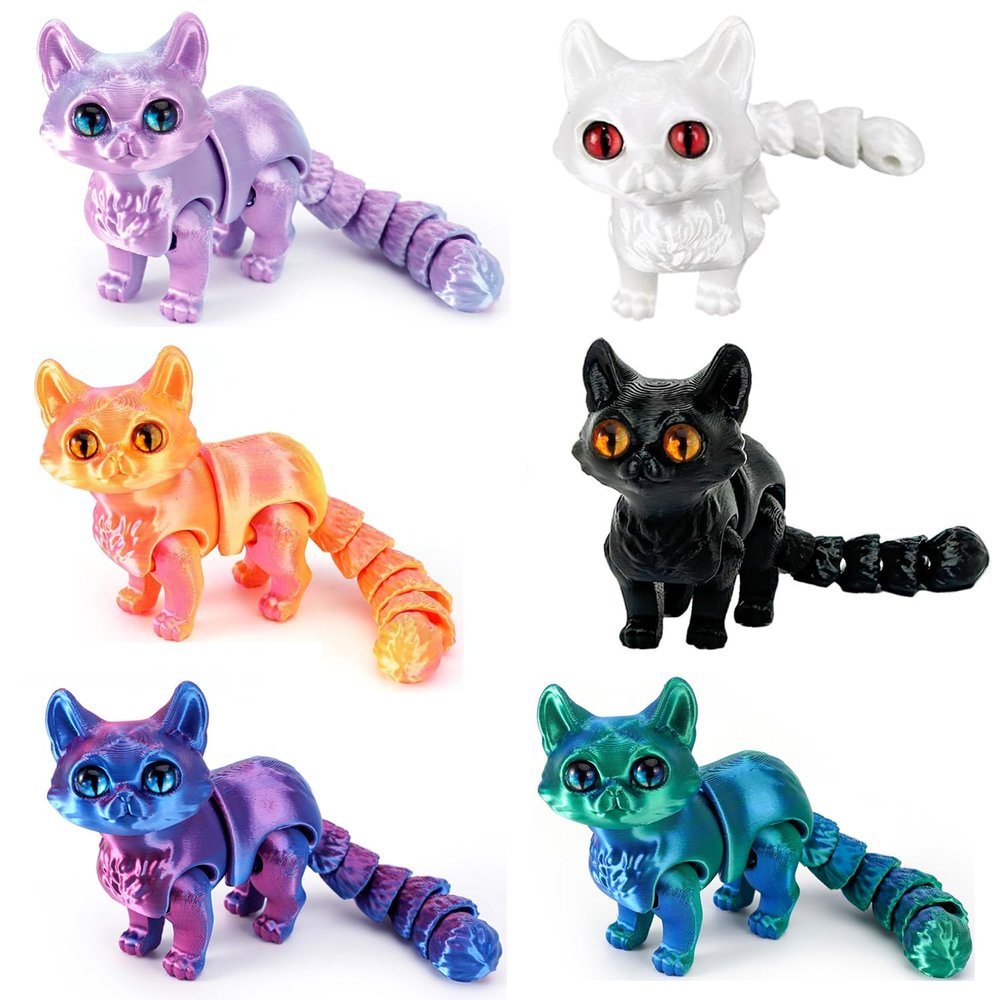 QINGMIAO 6Pcs 3D Printed Cat Kit, Articulated Toys for Adults White,Black,Green,Purple,Orange, 3D Print Animals Fidget Toys Decor for Stress Relief, 3D Printing Cute Cat Action Figure